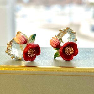 Red Hellebore flower and faceted stone earrings